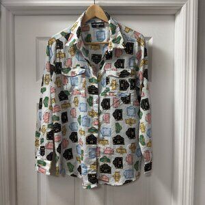 Karl Lagerfeld Paris Print Blouse  Pastel White Button-Down Shirt Roll Tab sz M